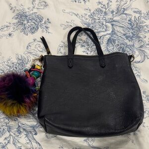 Madewell Black Leather Shoulder Tote with Colorful Pom Charm